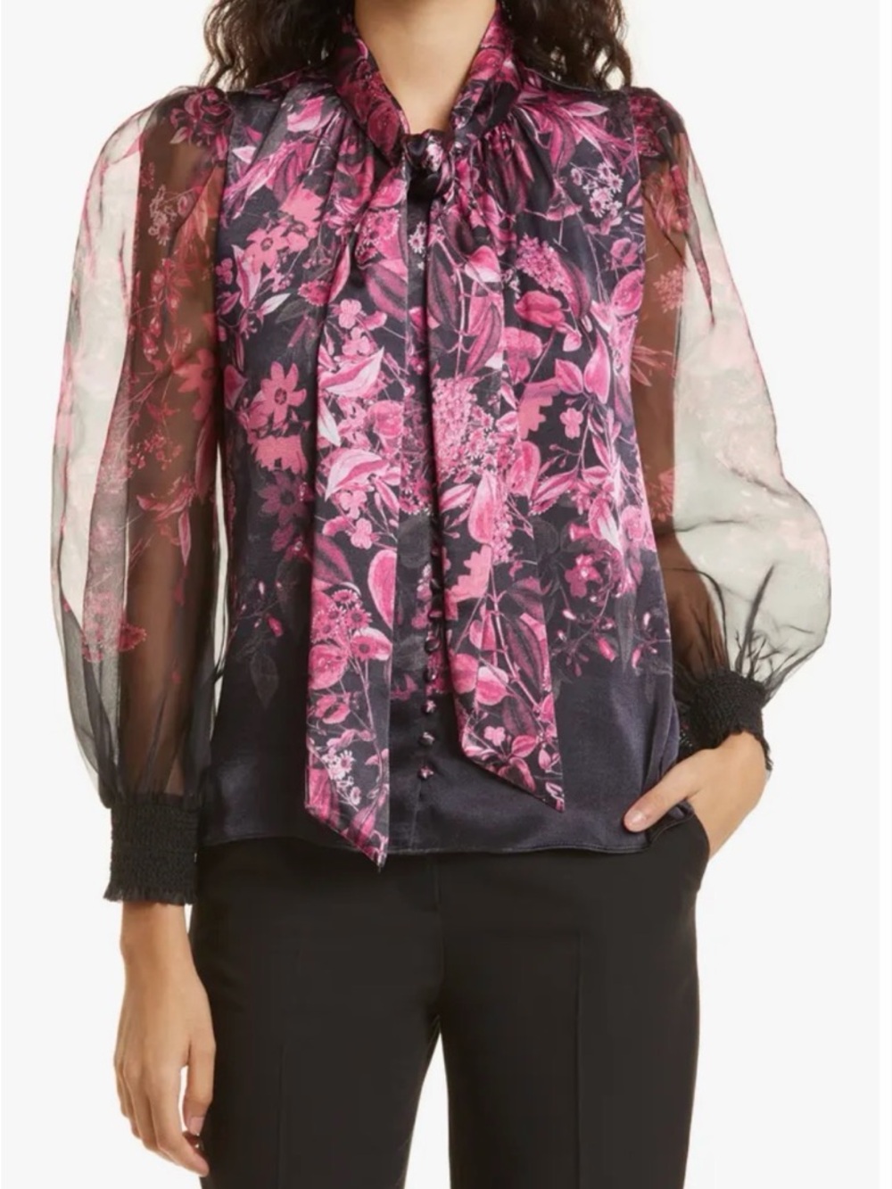 Alice + Olivia Black Blush Floral Tie-Neck Sheer Sleeve Blouse